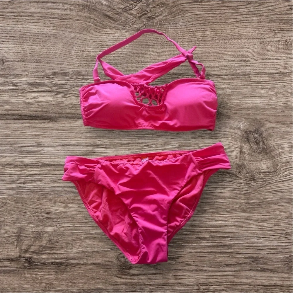 Bikini Set Leilani swimsuit set strapless Tie top bikini button Hot pink 10